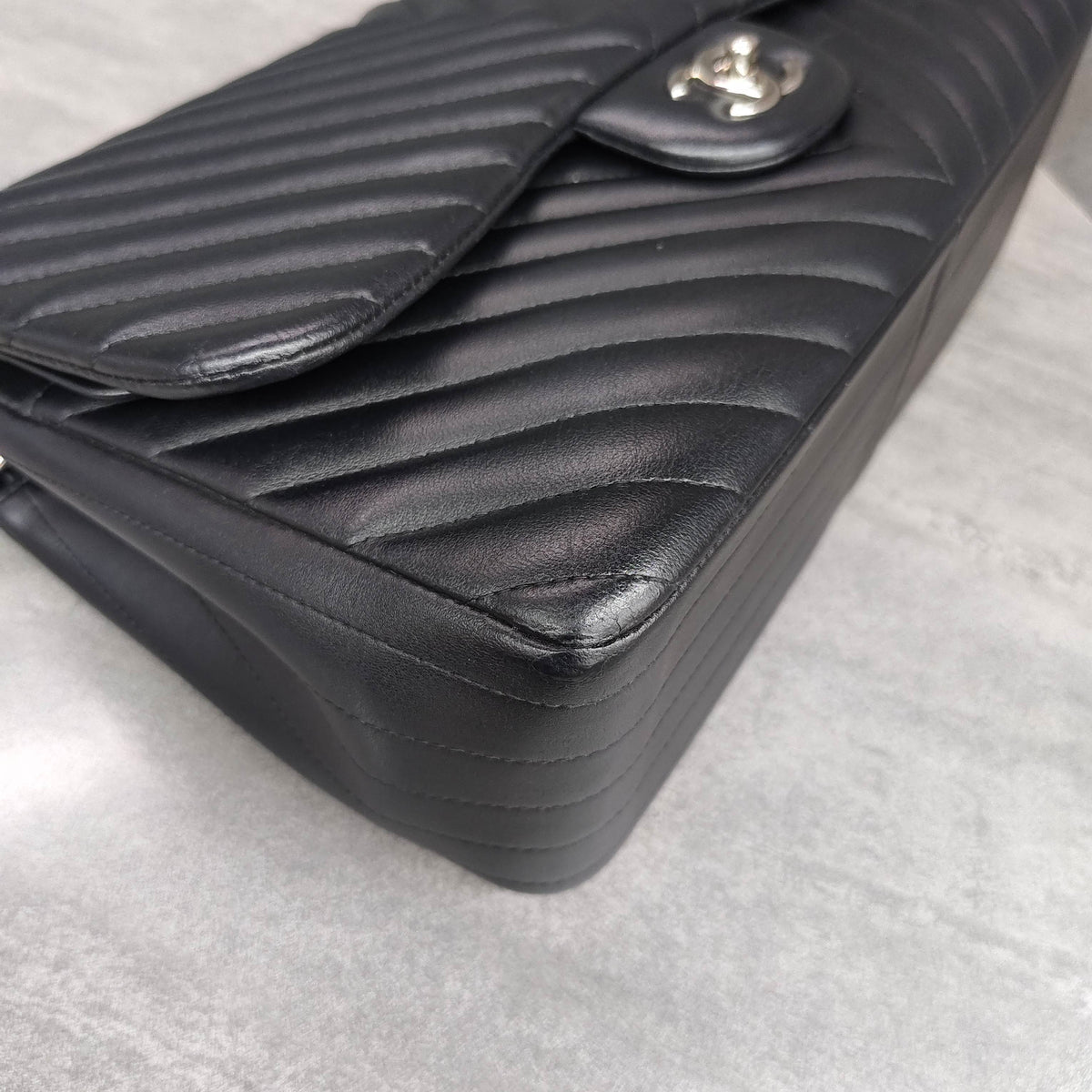 CHANEL Classic Flap Jumbo Chevron Lambskin Black Silver Hardware 22 Series with Card