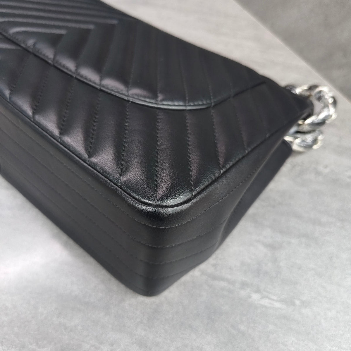 CHANEL Classic Flap Jumbo Chevron Lambskin Black Silver Hardware 22 Series with Card
