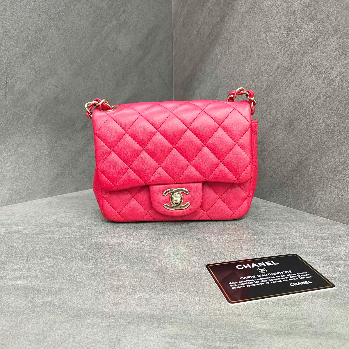 Chanel Classic Flap Square Mini Bag in Rose Red Lambskin with Gold Hardware