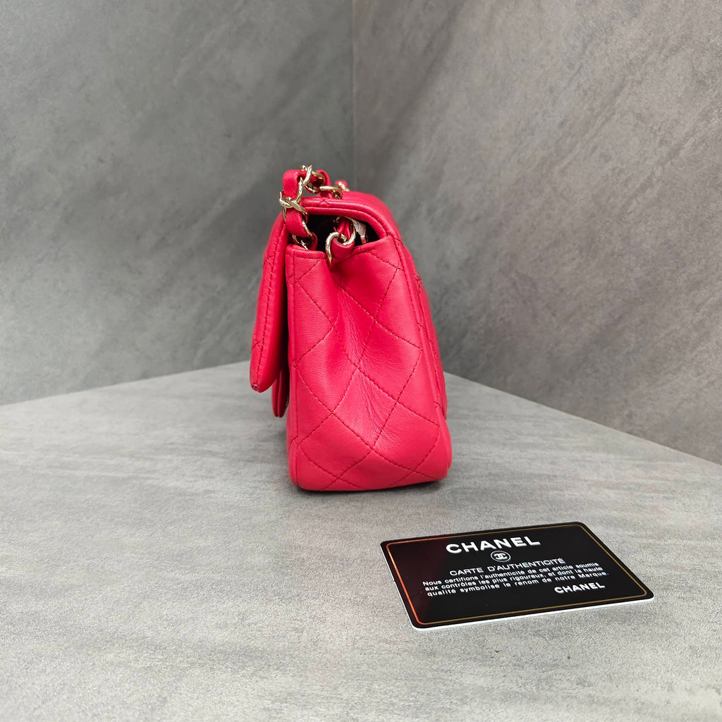 Chanel Classic Flap Square Mini Bag in Rose Red Lambskin with Gold Hardware