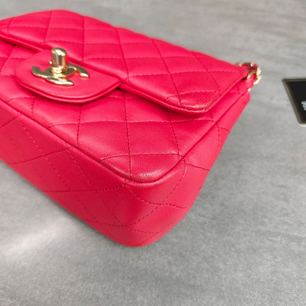 Chanel Classic Flap Square Mini Bag in Rose Red Lambskin with Gold Hardware