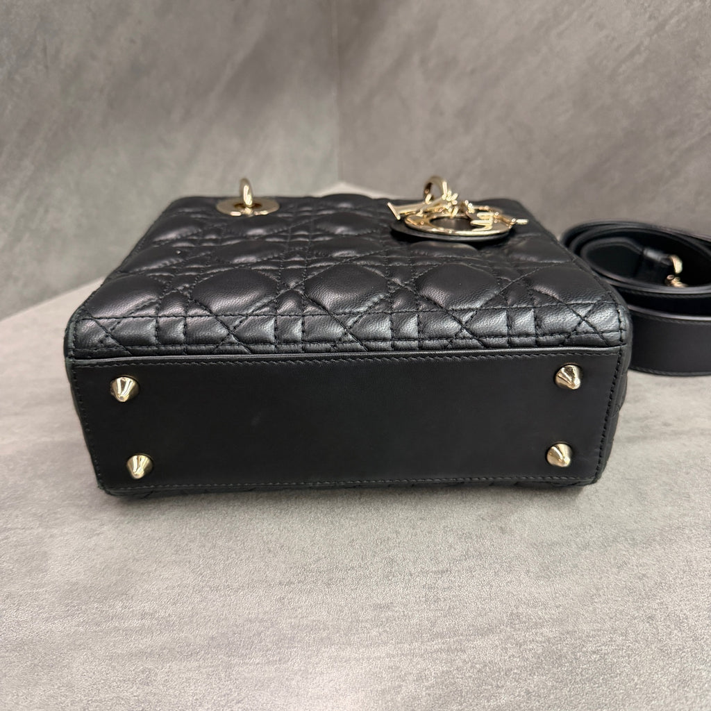 Dior Lady Dior 4 Compartment Black Lambskin Gold Hardware Letter Strap Structured Silhouette