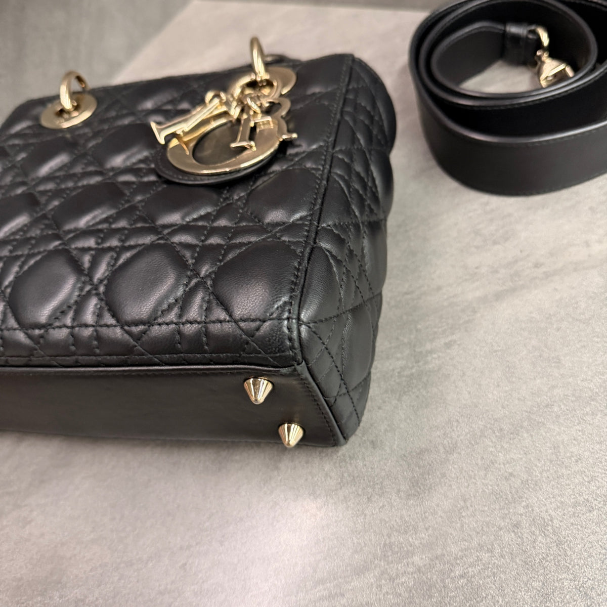 Dior Lady Dior 4 Compartment Black Lambskin Gold Hardware Letter Strap Structured Silhouette