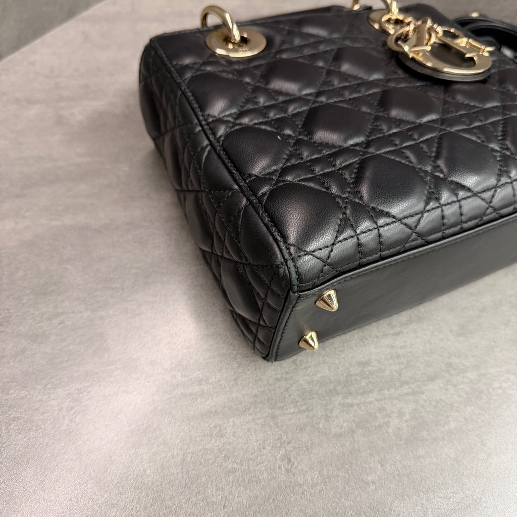 Dior Lady Dior 4 Compartment Black Lambskin Gold Hardware Letter Strap Structured Silhouette