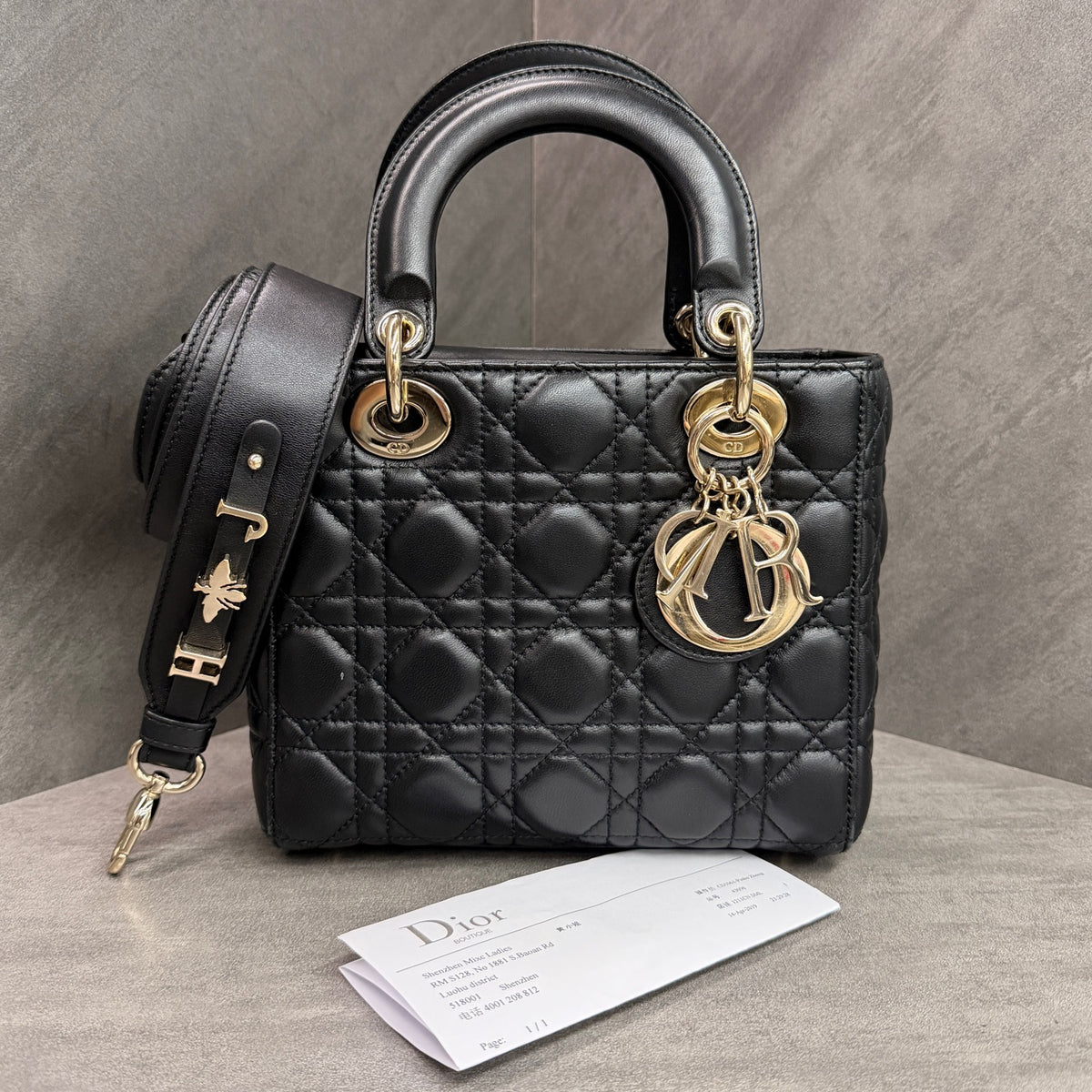 Dior Lady Dior 4 Compartment Black Lambskin Gold Hardware Letter Strap Structured Silhouette