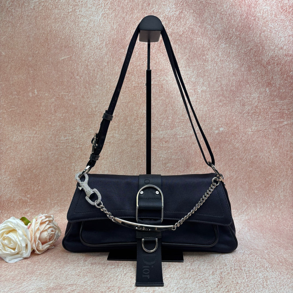 Dior black satin full rhinestone lobster clasp shoulder bag large