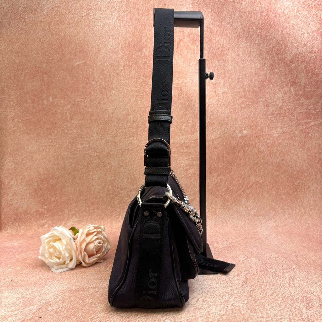 Dior black satin full rhinestone lobster clasp shoulder bag large
