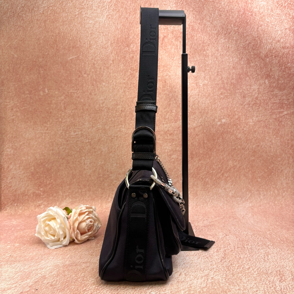 Dior black satin full rhinestone lobster clasp shoulder bag large
