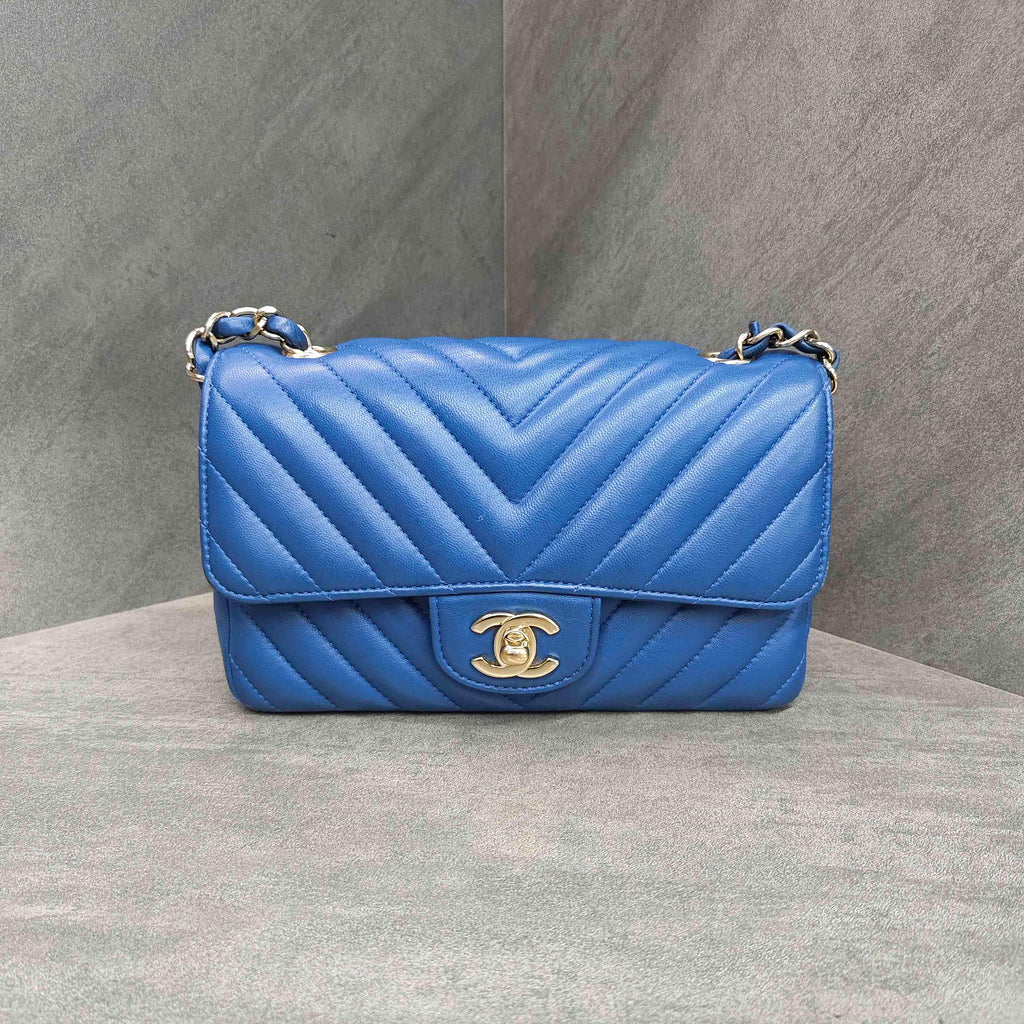 CHANEL Blue Chevron Lambskin with Gold Hardware