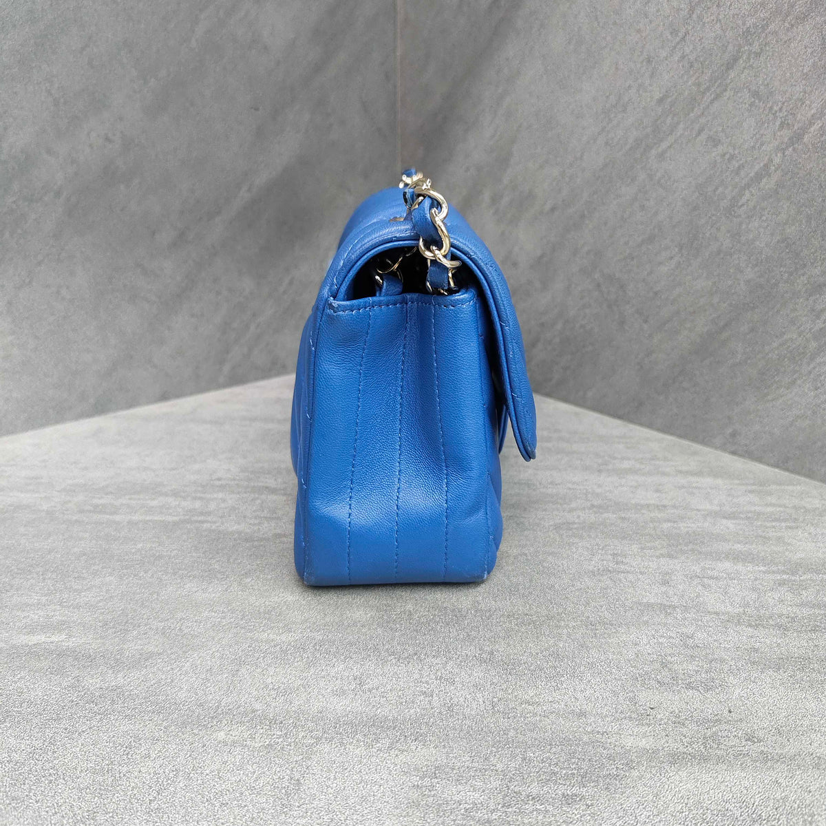 CHANEL Blue Chevron Lambskin with Gold Hardware