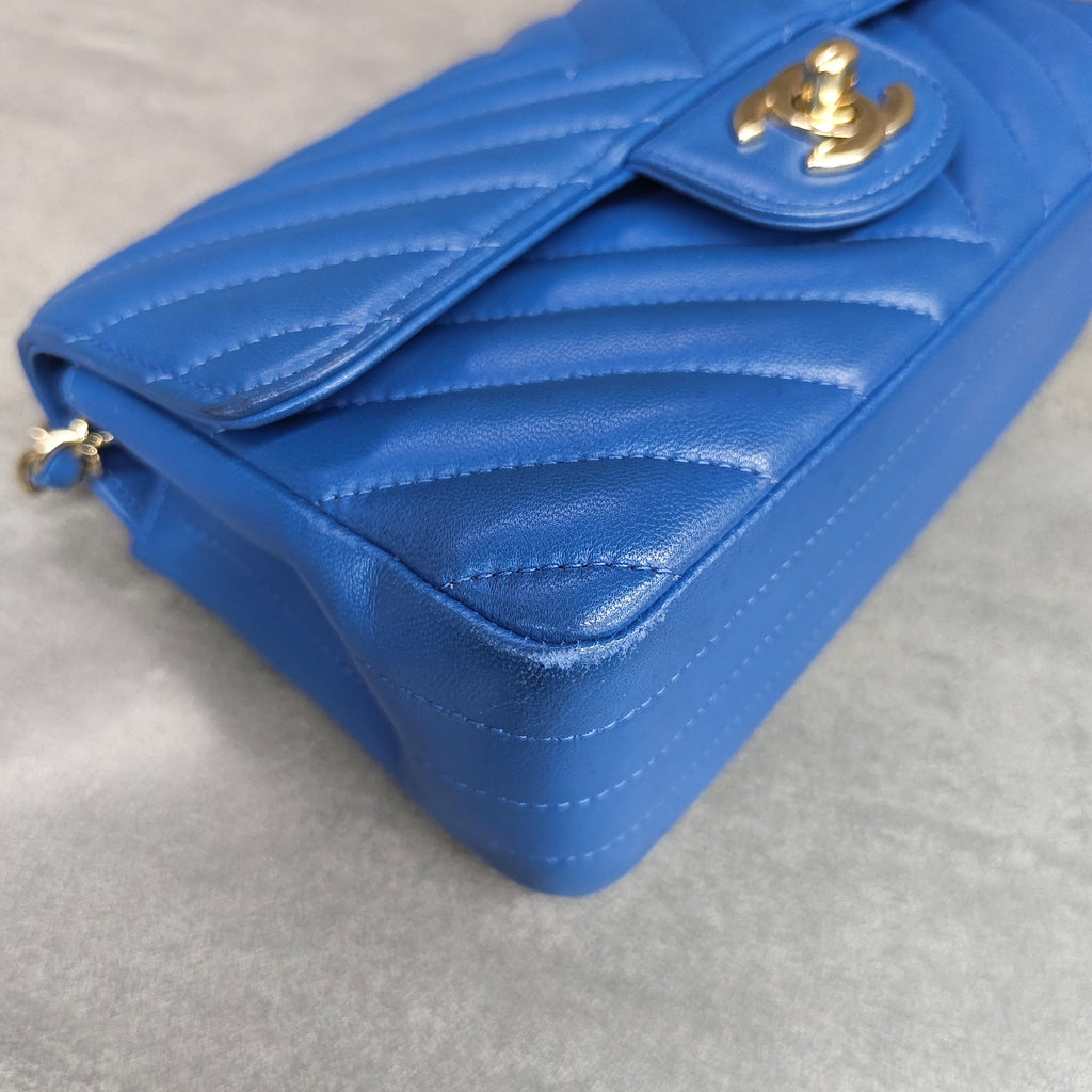 CHANEL Blue Chevron Lambskin with Gold Hardware
