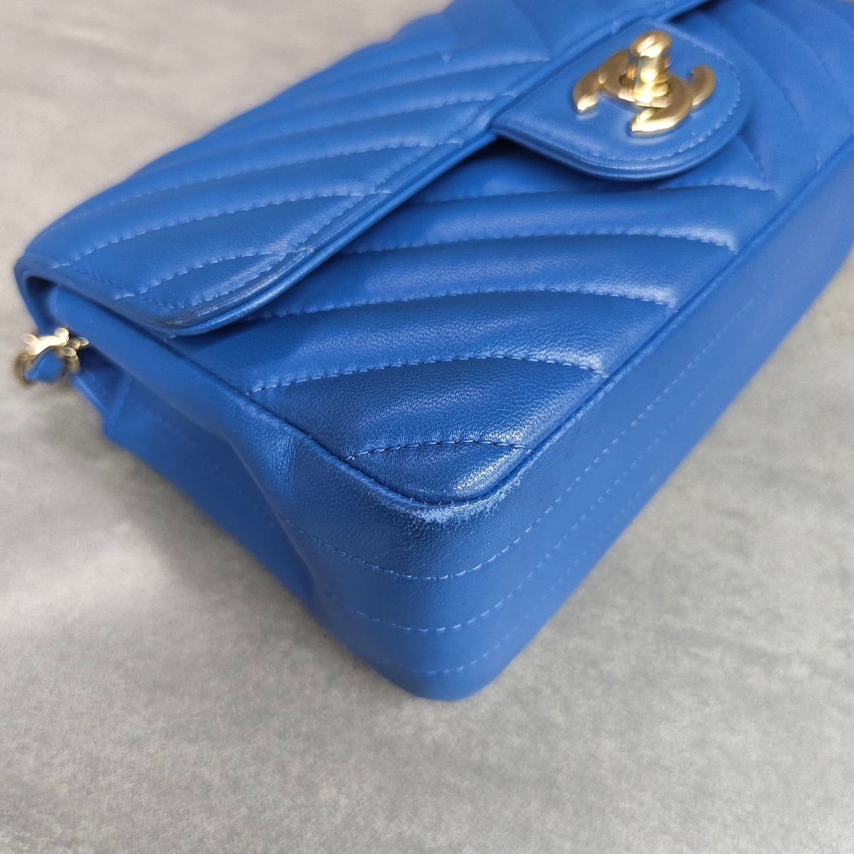 CHANEL Blue Chevron Lambskin with Gold Hardware