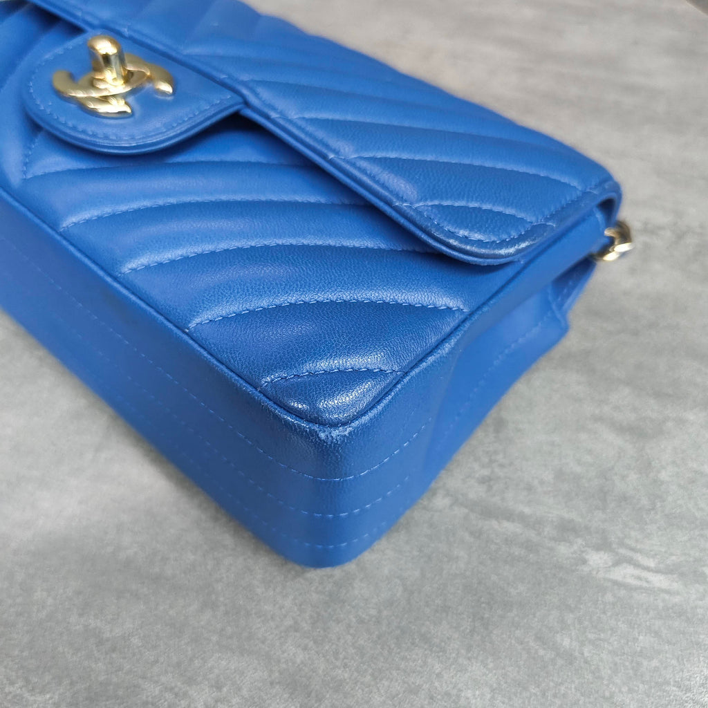 CHANEL Blue Chevron Lambskin with Gold Hardware