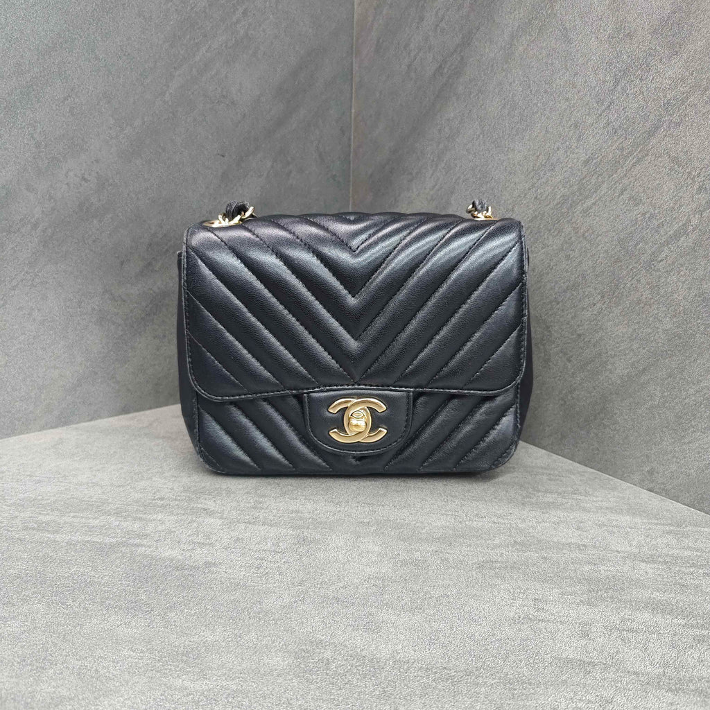 Chanel Classic Flap Square Mini Black Chevron Lambskin Chain Bag with Gold Hardware