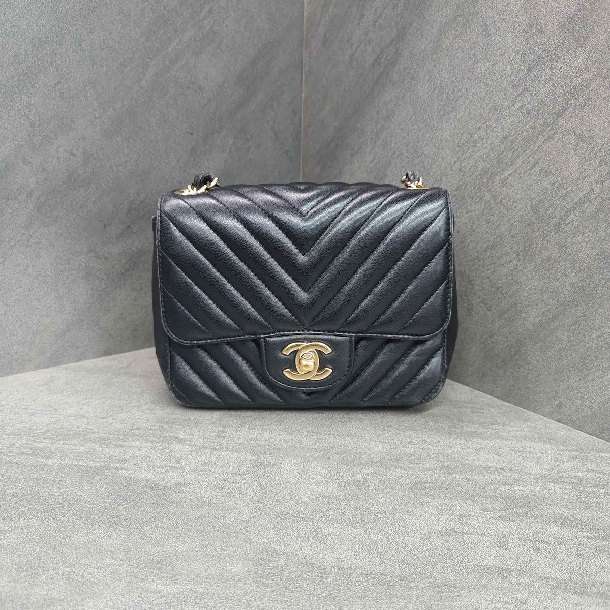 Chanel Classic Flap Square Mini Black Chevron Lambskin Chain Bag with Gold Hardware