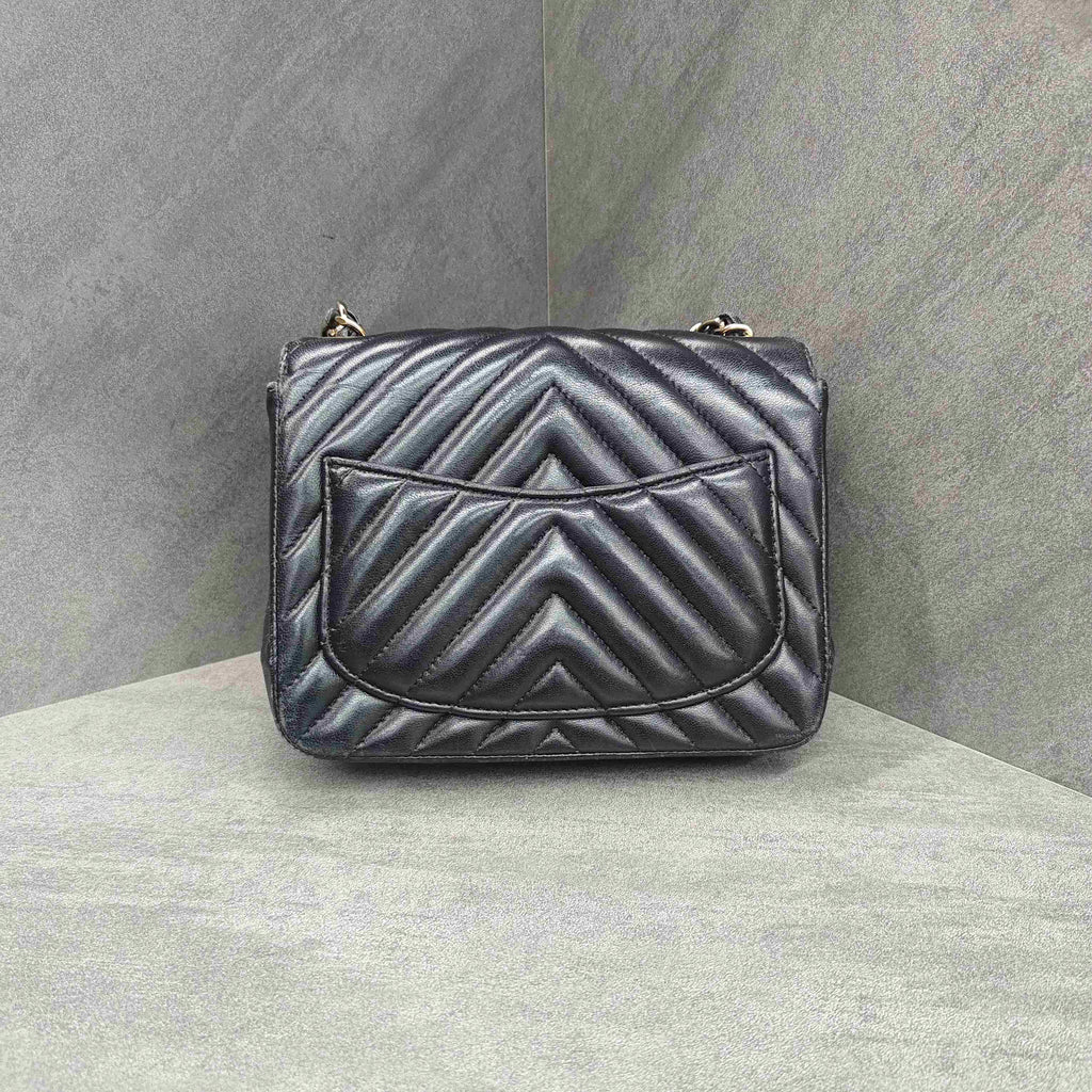 Chanel Classic Flap Square Mini Black Chevron Lambskin Chain Bag with Gold Hardware