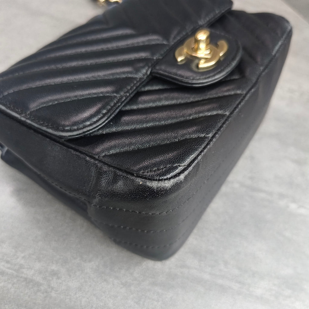 Chanel Classic Flap Square Mini Black Chevron Lambskin Chain Bag with Gold Hardware