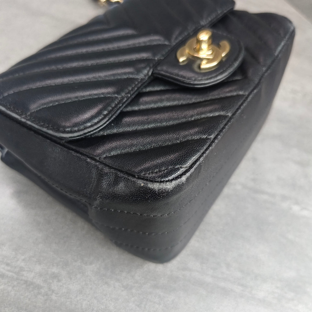Chanel Classic Flap Square Mini Black Chevron Lambskin Chain Bag with Gold Hardware