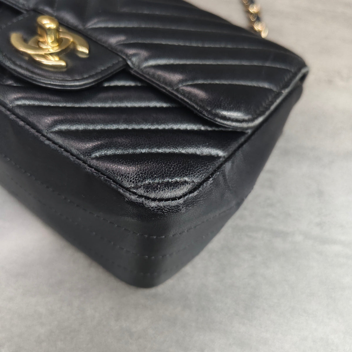Chanel Classic Flap Square Mini Black Chevron Lambskin Chain Bag with Gold Hardware