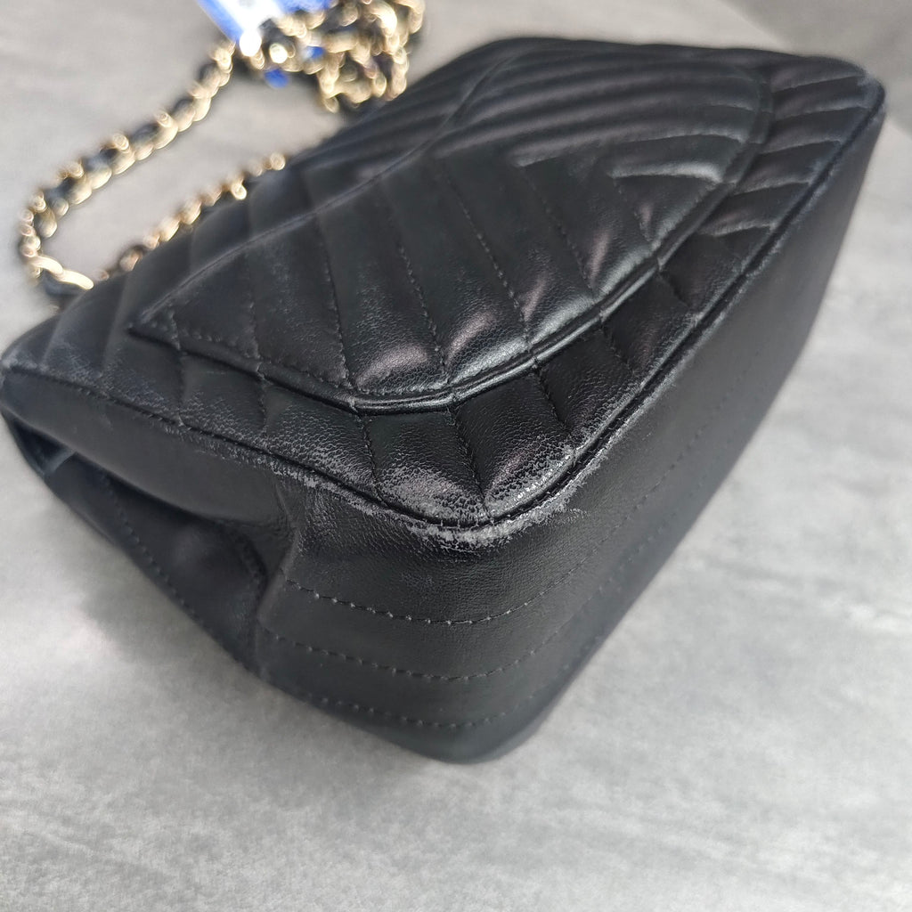 Chanel Classic Flap Square Mini Black Chevron Lambskin Chain Bag with Gold Hardware