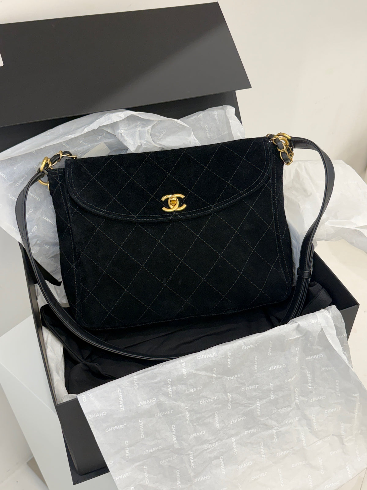 Chanel 26C Suede Messenger Bag with Authenticity Chip, Black with Gold Hardware, Lightweight Durable, Large Capacity Fits iPad