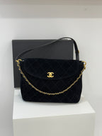 Chanel 26C Suede Messenger Bag with Authenticity Chip, Black with Gold Hardware, Lightweight Durable, Large Capacity Fits iPad