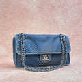 Chanel 74xx Blue Grid Cutout Calfskin Leather Silver Hardware