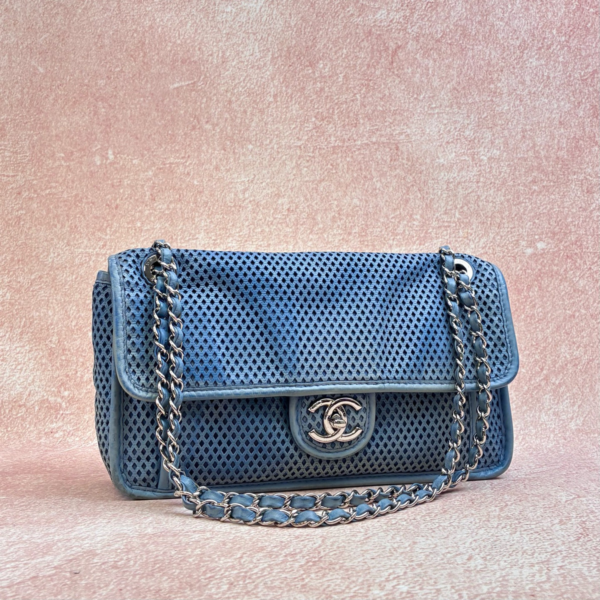 Chanel 74xx Blue Grid Cutout Calfskin Leather Silver Hardware
