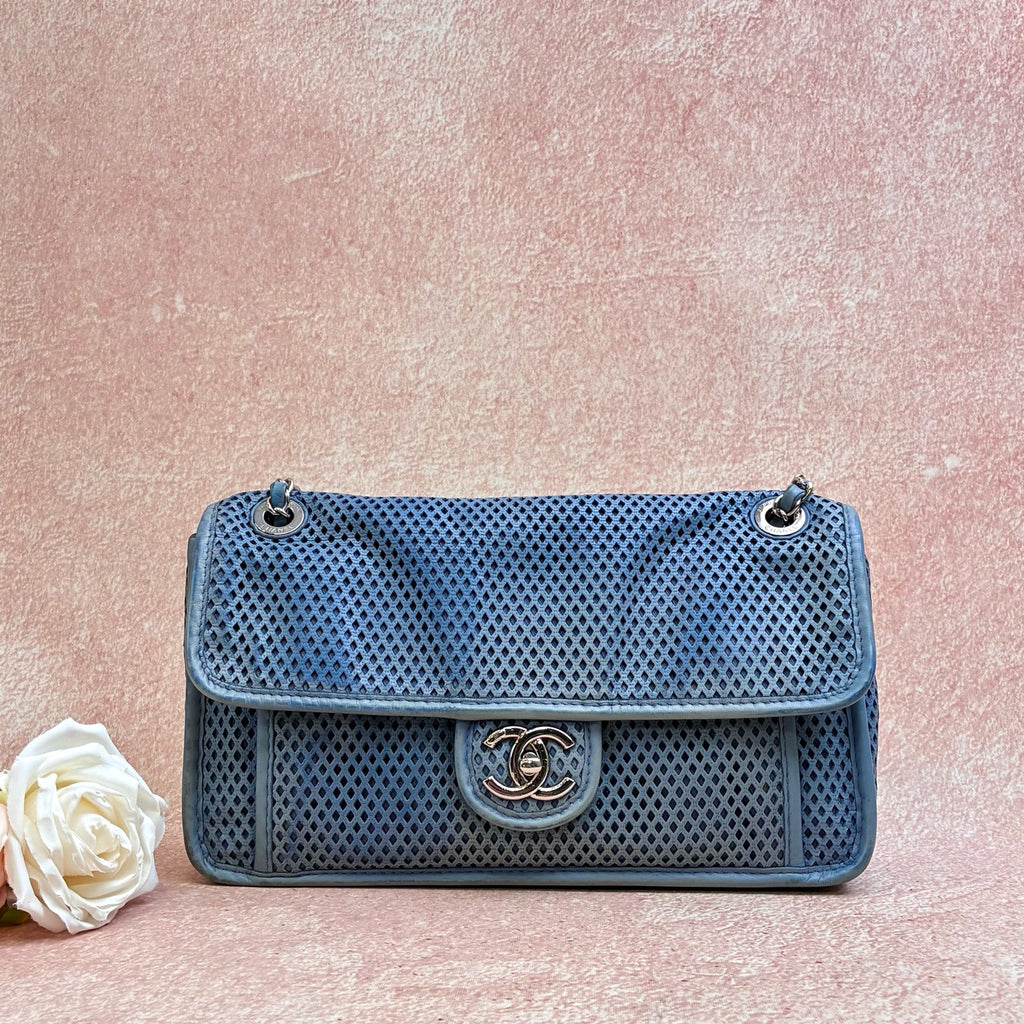 Chanel 74xx Blue Grid Cutout Calfskin Leather Silver Hardware