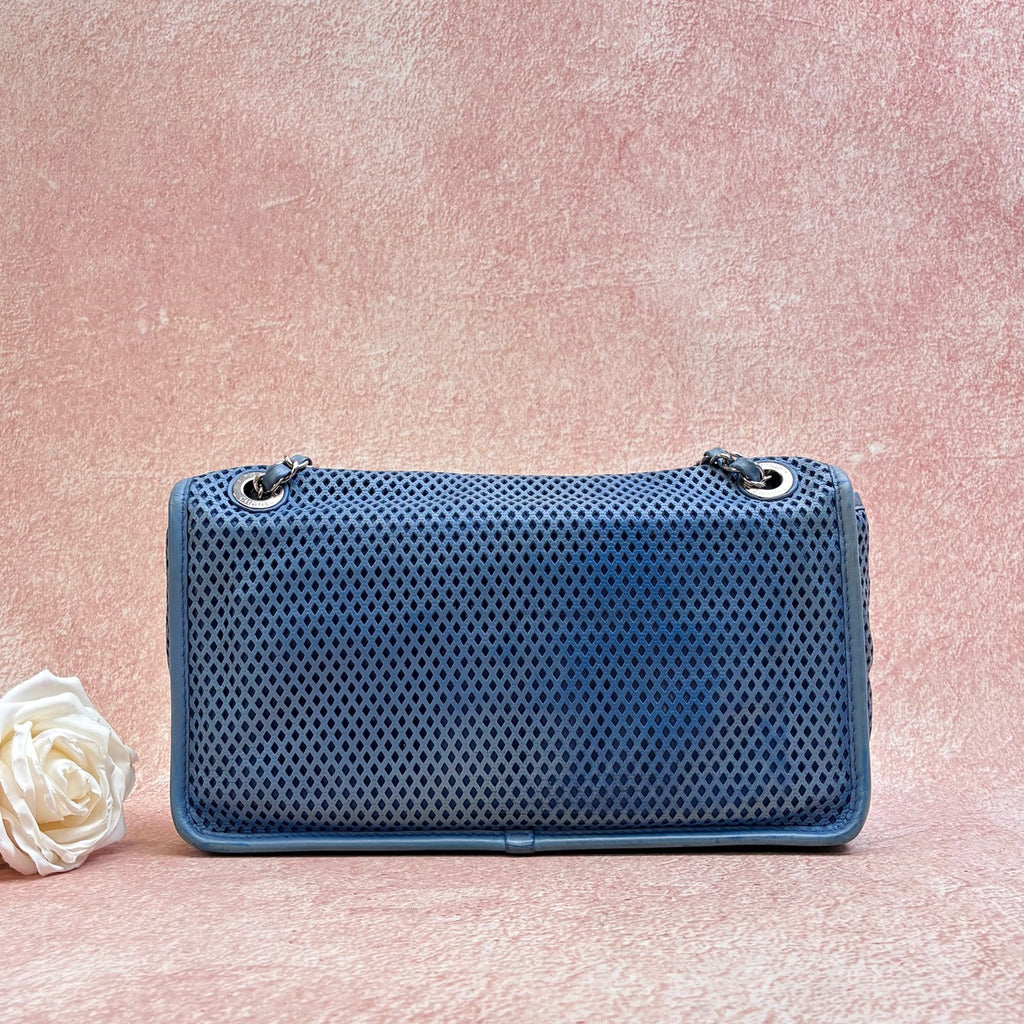 Chanel 74xx Blue Grid Cutout Calfskin Leather Silver Hardware