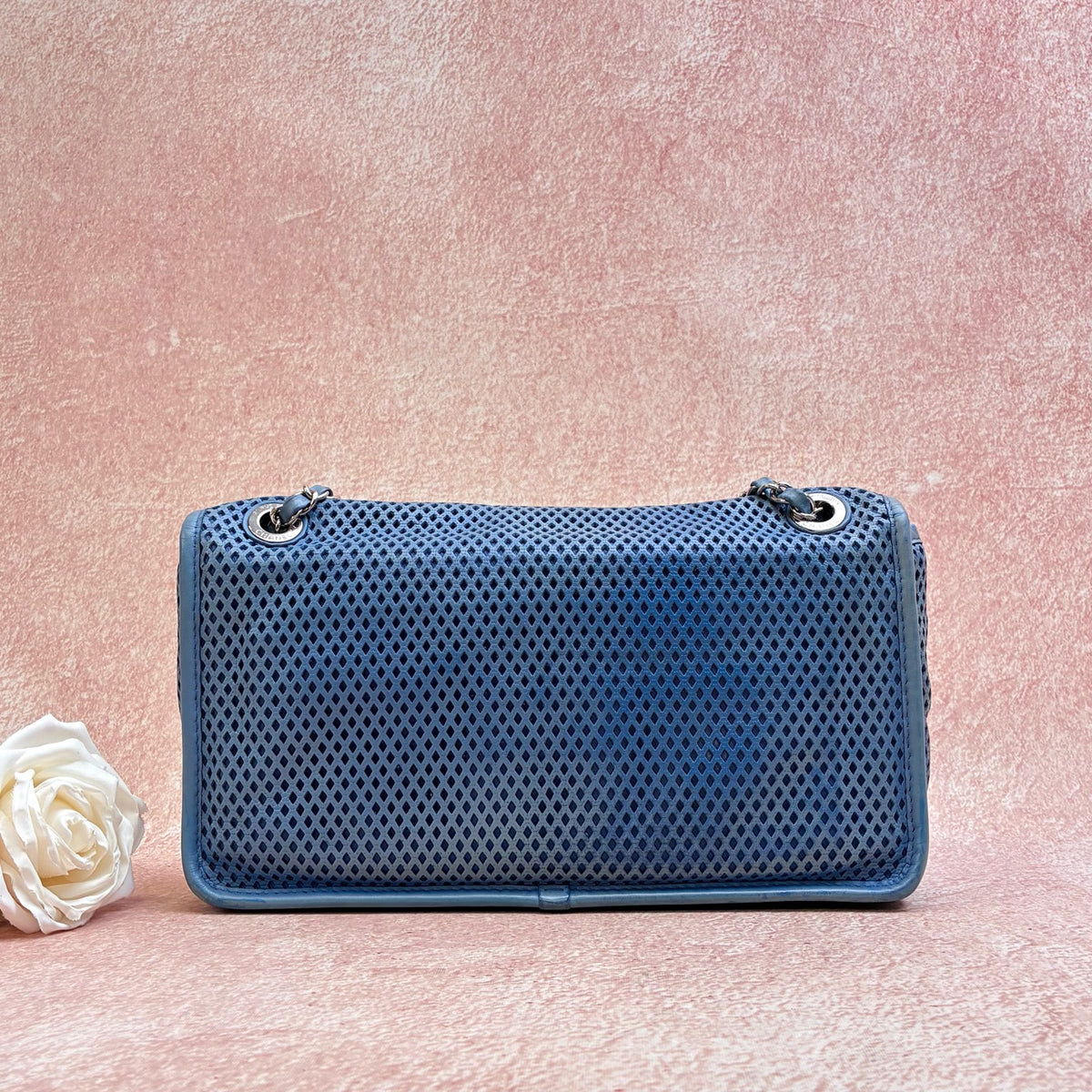 Chanel 74xx Blue Grid Cutout Calfskin Leather Silver Hardware