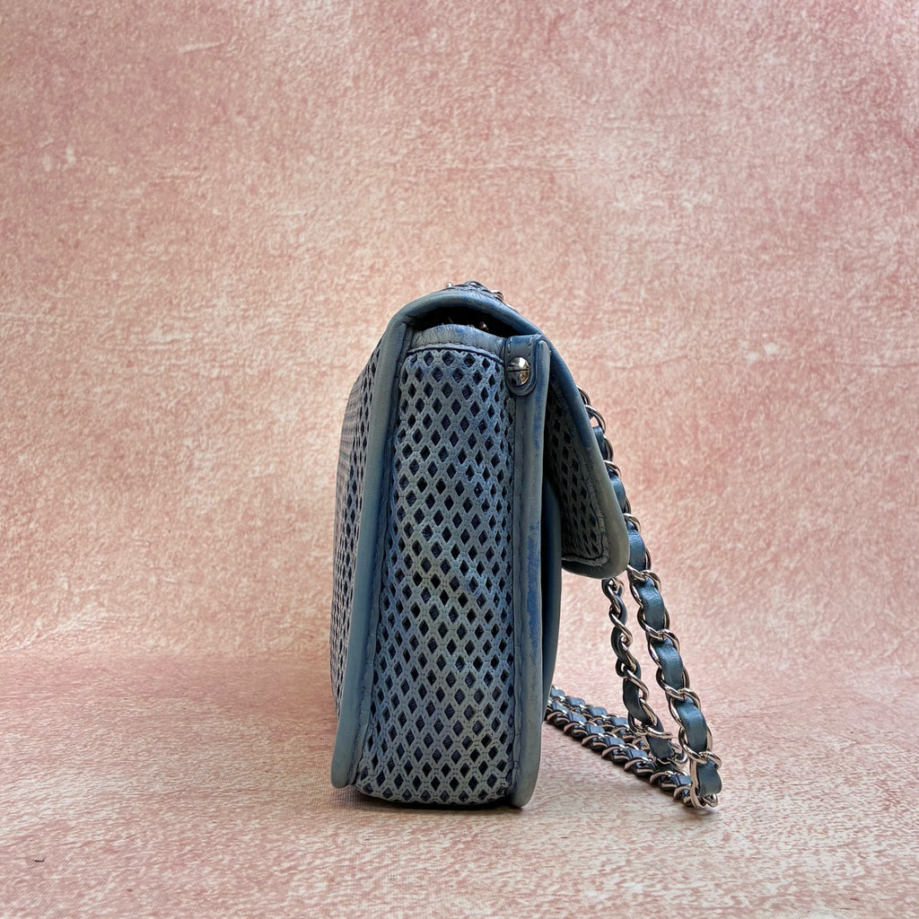 Chanel 74xx Blue Grid Cutout Calfskin Leather Silver Hardware