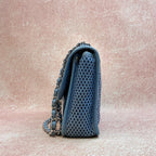 Chanel 74xx Blue Grid Cutout Calfskin Leather Silver Hardware