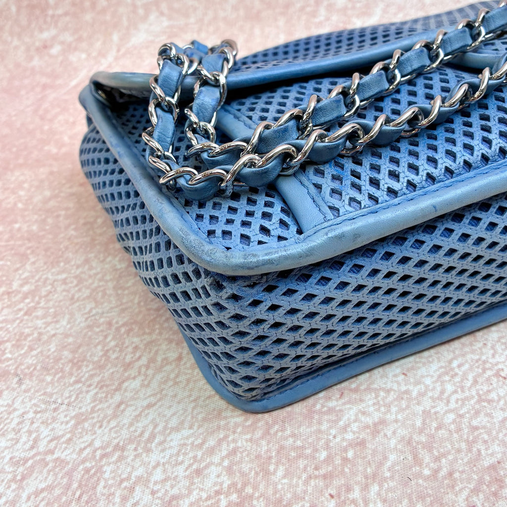 Chanel 74xx Blue Grid Cutout Calfskin Leather Silver Hardware