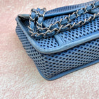 Chanel 74xx Blue Grid Cutout Calfskin Leather Silver Hardware