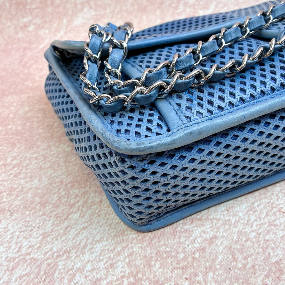Chanel 74xx Blue Grid Cutout Calfskin Leather Silver Hardware