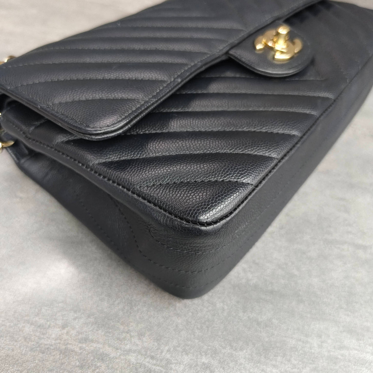 CHANEL Classic Flap Bag Black Chevron Caviar Leather Gold Hardware