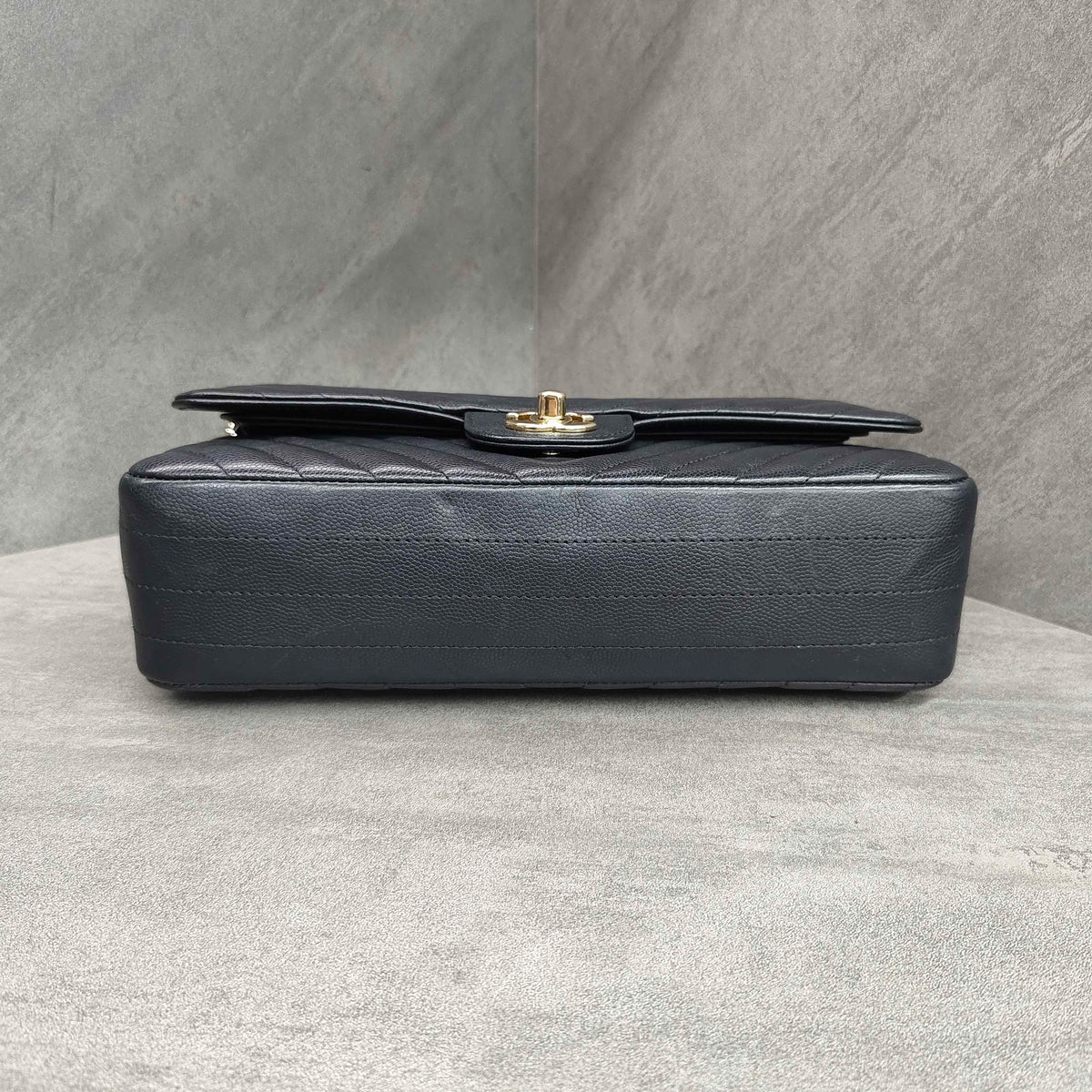CHANEL Classic Flap Bag Black Chevron Caviar Leather Gold Hardware