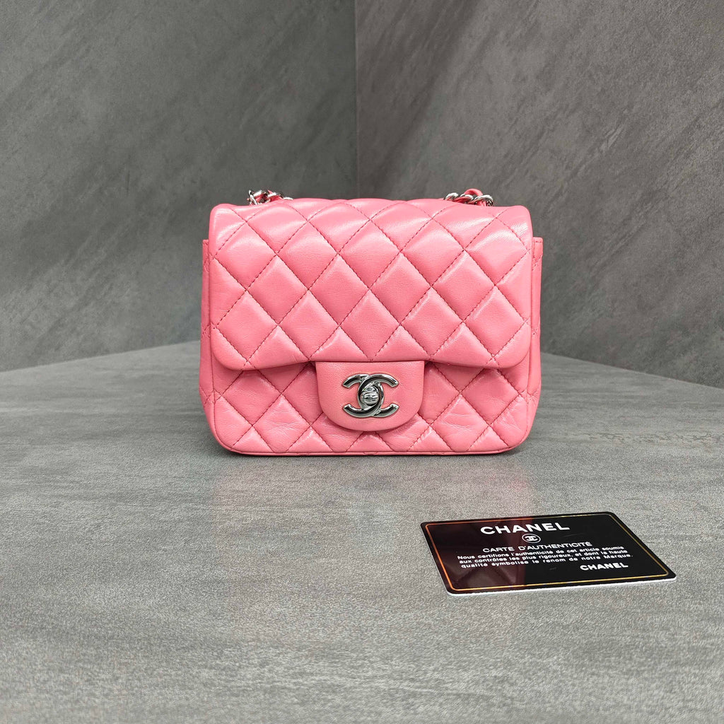 Chanel CF Square Mini Pink Silver Lambskin Chain Bag with Card