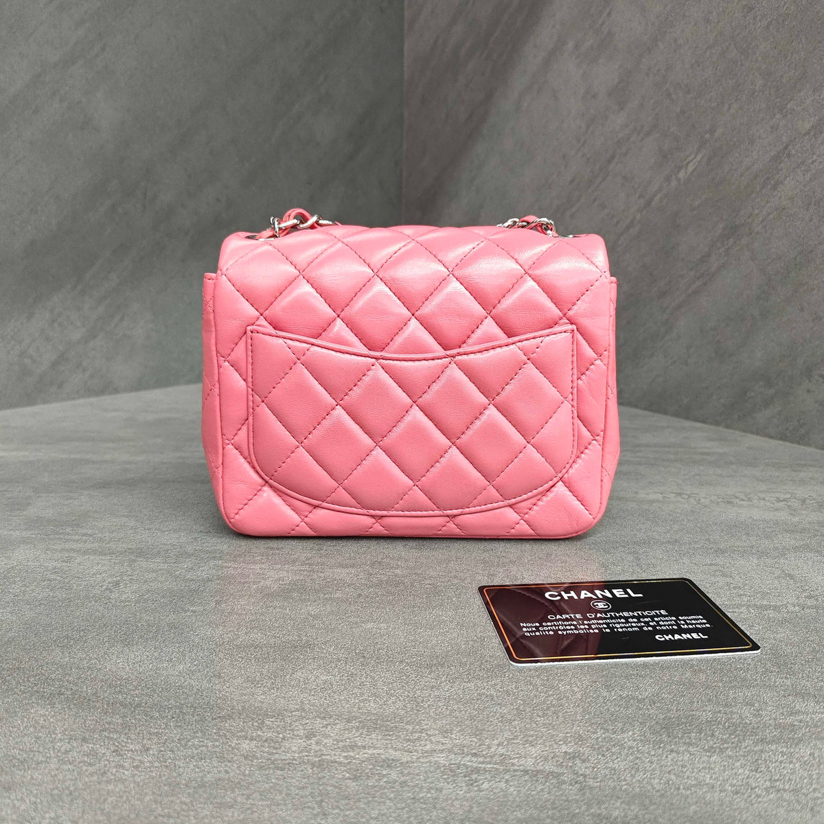 Chanel CF Square Mini Pink Silver Lambskin Chain Bag with Card