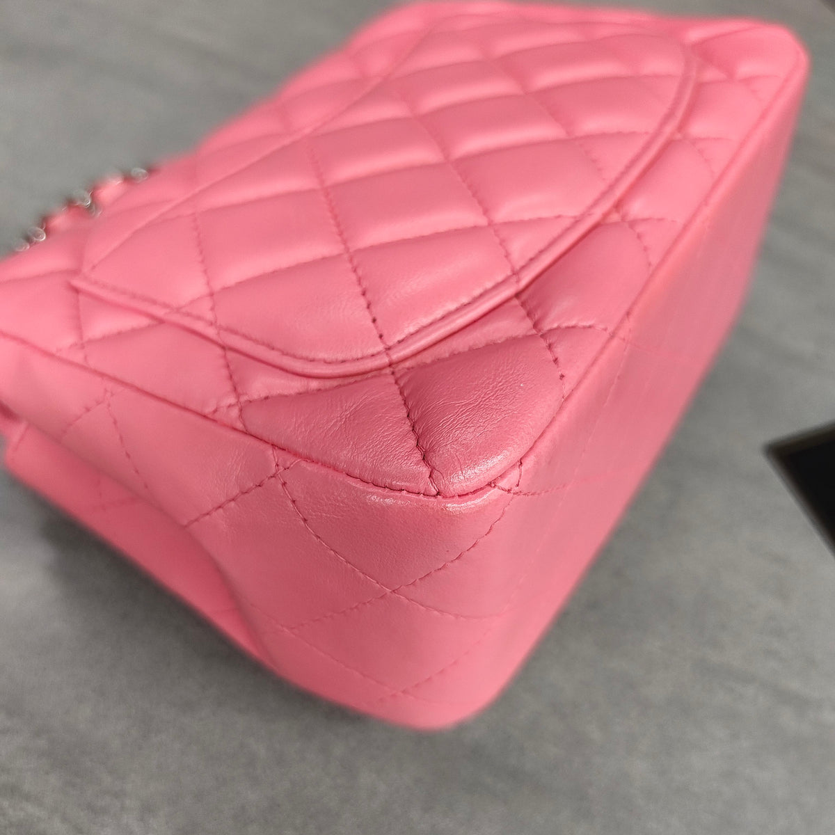 Chanel CF Square Mini Pink Silver Lambskin Chain Bag with Card