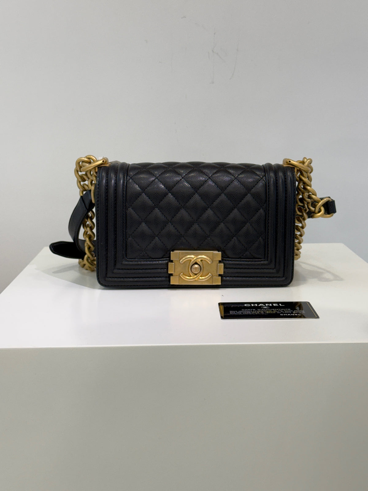 Chanel Le Boy Black Gold Caviar Leather 25 Series with Authenticity Card, in stock at a good price.