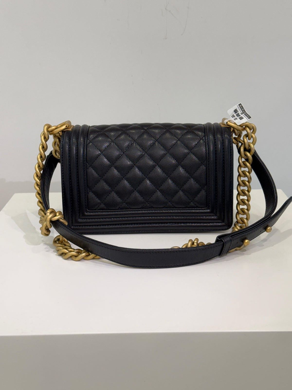 Chanel Le Boy Black Gold Caviar Leather 25 Series with Authenticity Card, in stock at a good price.