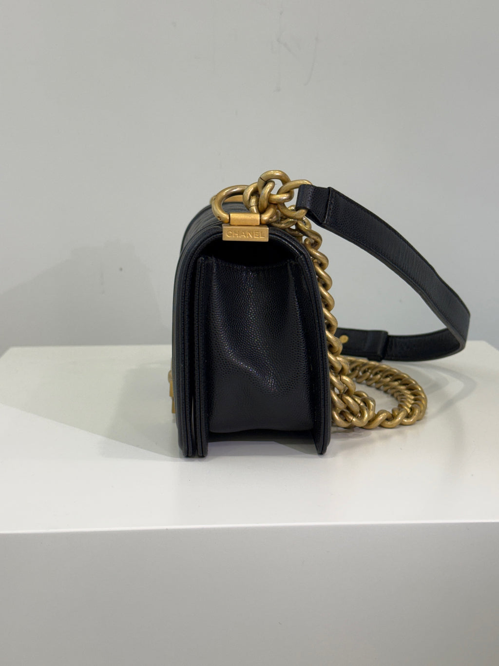 Chanel Le Boy Black Gold Caviar Leather 25 Series with Authenticity Card, in stock at a good price.