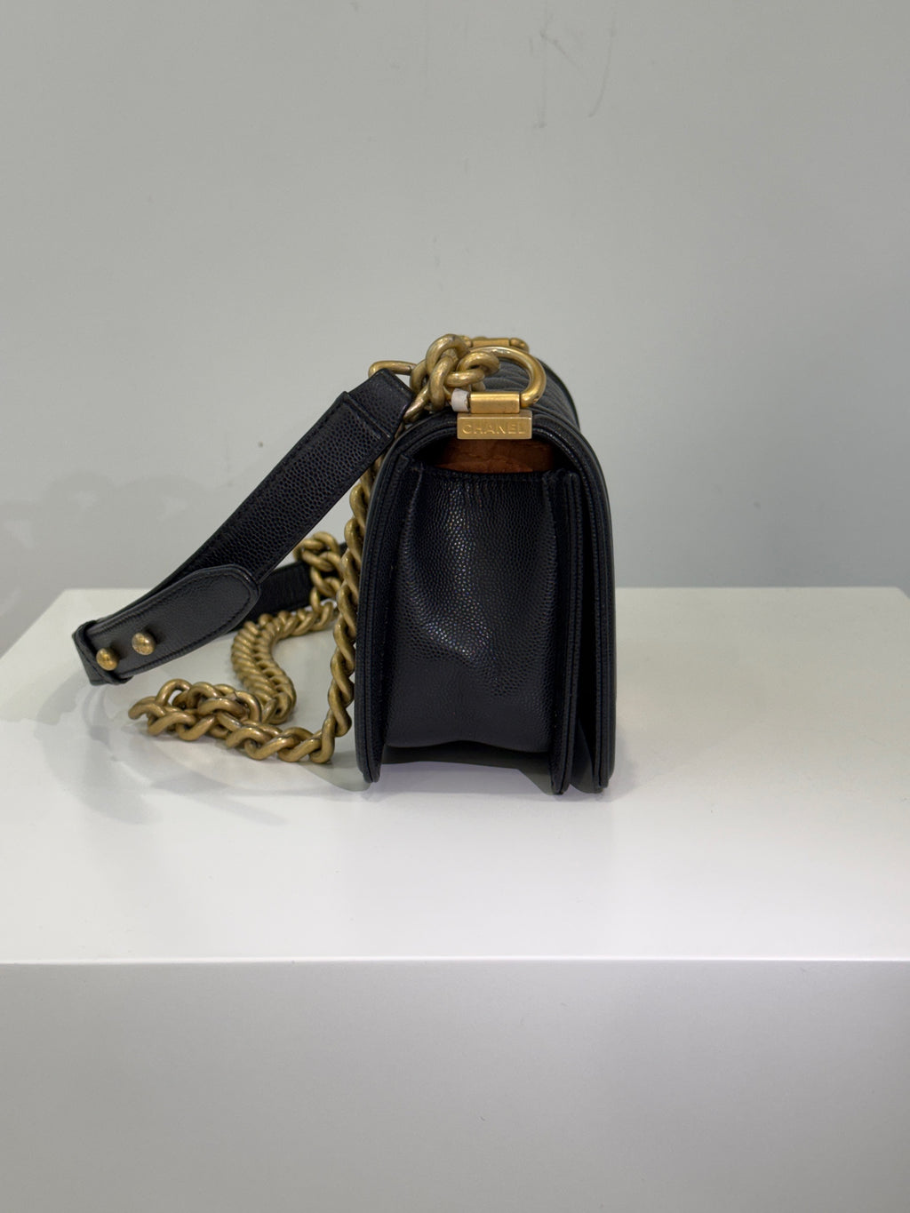 Chanel Le Boy Black Gold Caviar Leather 25 Series with Authenticity Card, in stock at a good price.