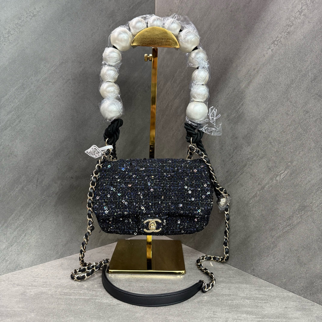 Chanel Pearl Chain Bag Black Sequins Woven Classic Double C Logo