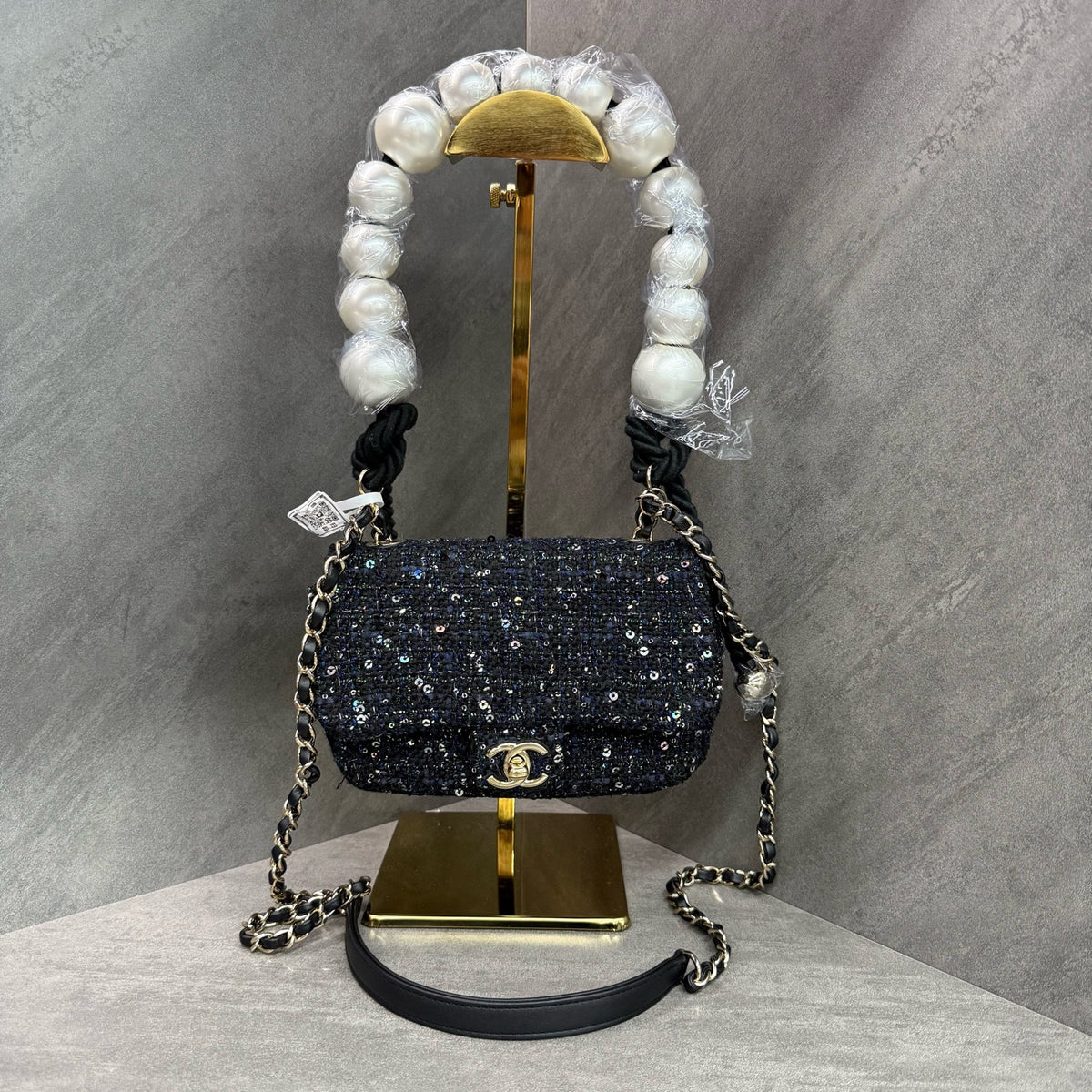 Chanel Pearl Chain Bag Black Sequins Woven Classic Double C Logo