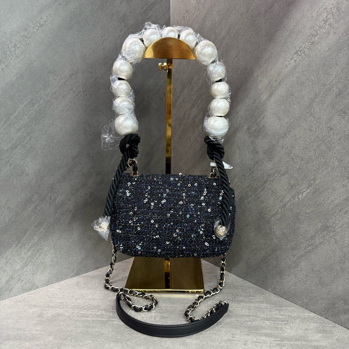 Chanel Pearl Chain Bag Black Sequins Woven Classic Double C Logo