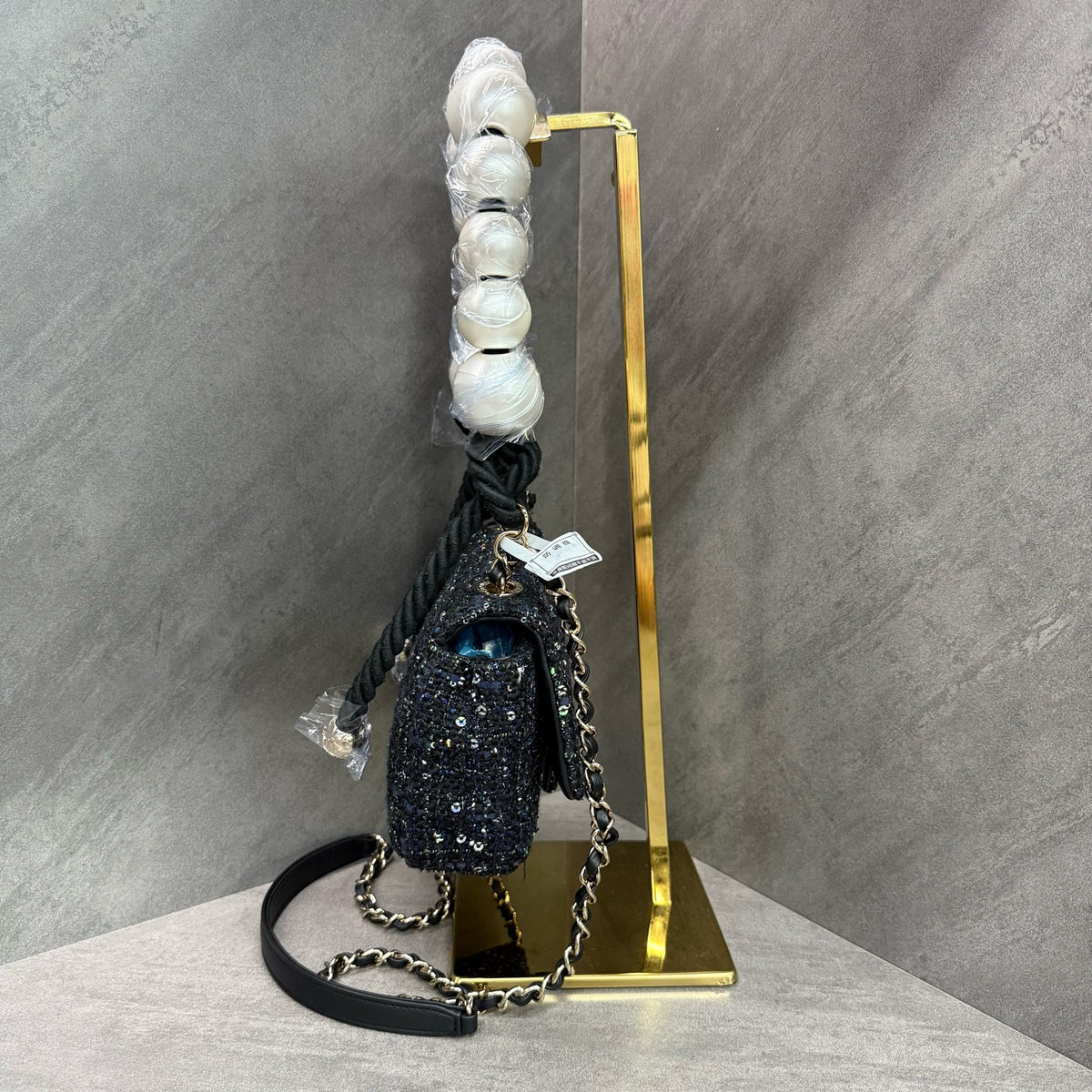 Chanel Pearl Chain Bag Black Sequins Woven Classic Double C Logo