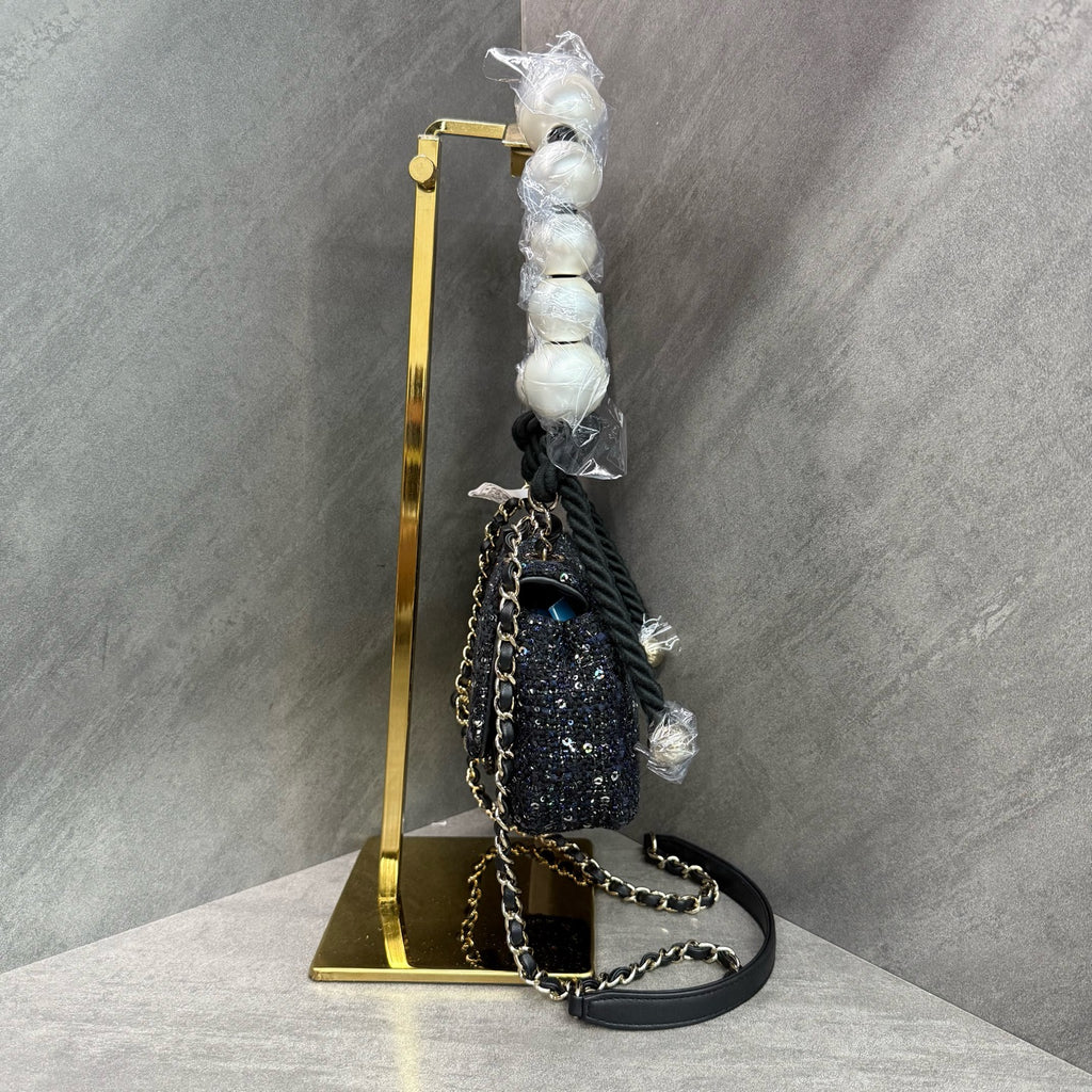 Chanel Pearl Chain Bag Black Sequins Woven Classic Double C Logo